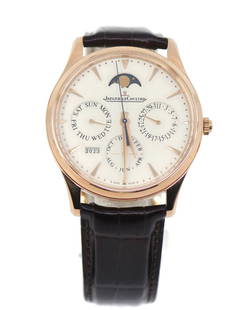 Jaeger LeCoultre Perpetual Calendar 18K Rose Gold Watch Q1302520 with Box and Papers: Jaeger LeCoultre Perpetual Calendar 18K Rose Gold Watch Q1302520 with Box and Papers This exquisite Jaeger LeCoultre Perpetual Calendar wristwatch features a luxurious 18K rose gold case with a diamet