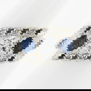 Antique 18k White Gold Sapphire Diamond Ring Band Oval Blue: Antique 18k White Gold Sapphire Diamond Ring Band Oval Blue This exquisite antique ring features a stunning oval blue sapphire as the centerpiece, elegantly accented by sparkling diamonds. Crafted fro
