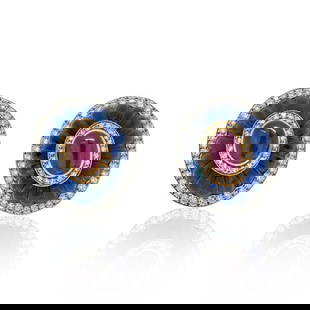 David Webb Platinum 18K Yellow Gold Azurmalachite Diamond Ruby Clip Earrings: David Webb Platinum 18K Yellow Gold Azurmalachite Diamond Ruby Clip Earrings Elevate your accessory collection with these exquisite David Webb clip earrings. Crafted from a stunning combination of pla