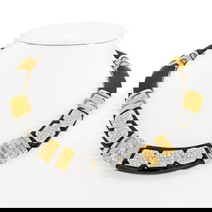Elegant 18K Yellow Gold Diamond Onyx Collar Necklace 11 Cts: Elegant 18K Yellow Gold Diamond Onyx Collar Necklace 11 Cts This stunning 18K Yellow Gold Diamond Onyx Gold Link Collar Necklace features a sophisticated design that combines elegance and luxury. The
