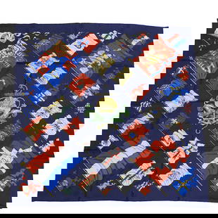 Hermes Carre 90 PAVOIS Navy Silk Scarf 90cm x 90cm: Hermes Carre 90 PAVOIS Navy Silk Scarf 90cm x 90cm This exquisite Hermes Carre 90 PAVOIS flag scarf is a luxurious accessory designed for women. Crafted in France from high-quality silk, it features a