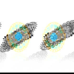 David Webb Platinum 18K Yellow Gold Turquoise Emerald Diamond Clip Earrings: David Webb Platinum 18K Yellow Gold Turquoise Emerald Diamond Clip Earrings Elevate your jewelry collection with these exquisite David Webb clip earrings, crafted from a stunning combination of platin