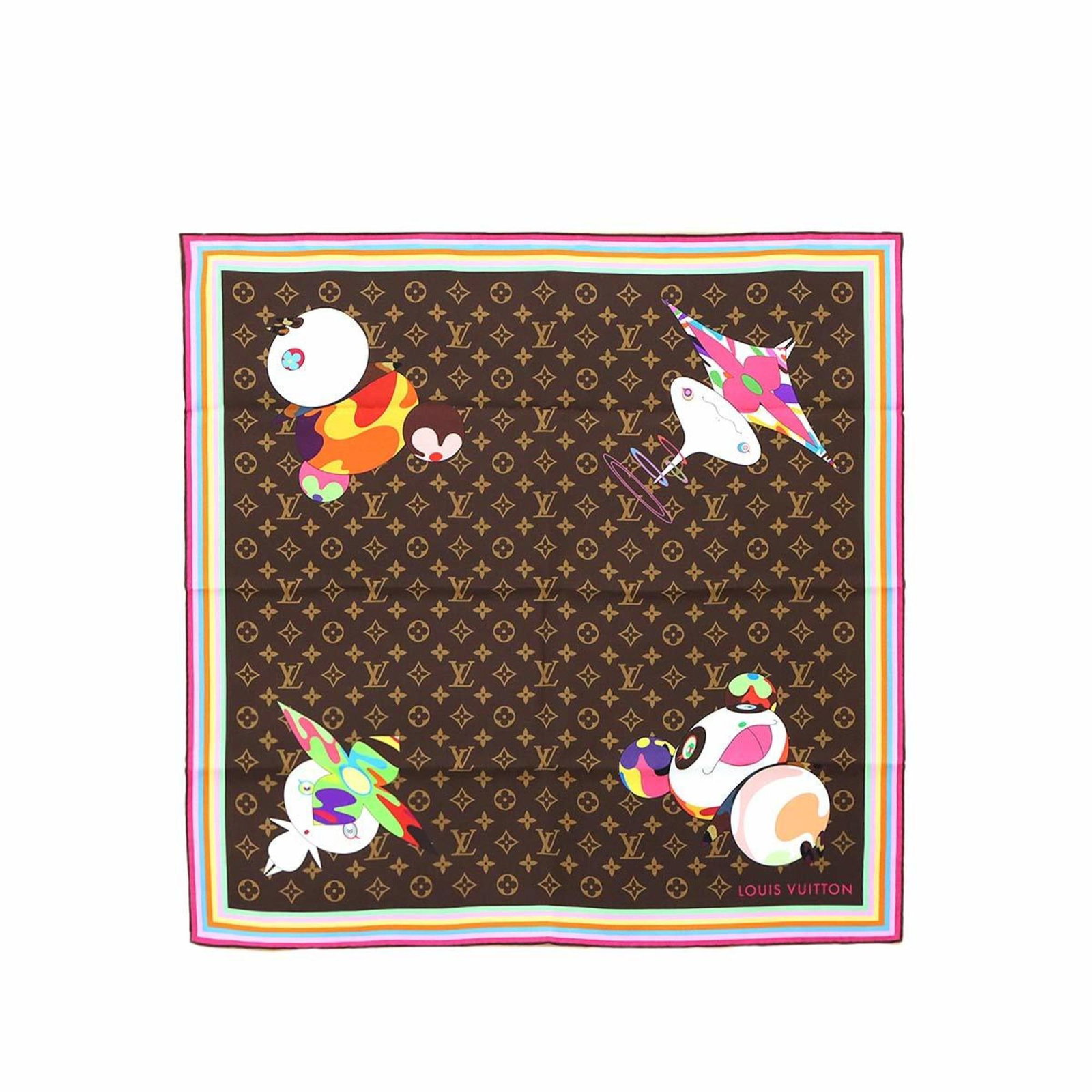 Louis Vuitton LVxTM Takashi Murakami Monogram Silk Scarf Brown: Louis Vuitton LVxTM Takashi Murakami Monogram Silk Scarf Brown Experience luxury with this Louis Vuitton LVxTM Carre 70 Super Flat Scarf, designed by Takashi Murakami. Crafted from high-quality silk, 