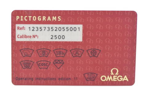 Omega Pictogram Card 12357352055001 Caliber 2500 Manual: Omega Pictogram Card 12357352055001 Caliber 2500 Manual This Omega Pictogram Card features the model number 12357352055001 and is equipped with the Caliber 2500 movement. As a pre-owned item, it refle