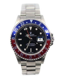 Rolex GMT-Master II Pepsi Stainless Steel Watch Ref 16710 with Box and Papers: Rolex GMT-Master II Pepsi Stainless Steel Watch Ref 16710 with Box and Papers Introducing the iconic Rolex GMT-Master II Pepsi wristwatch, featuring a classic stainless steel case with a diameter of 4