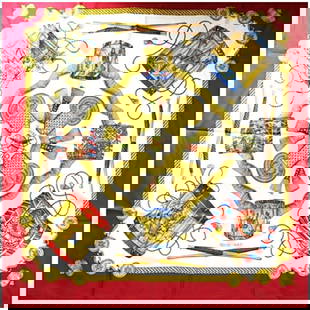 Hermes Carre 90 Silk Scarf Les Tambours Red White: Hermes Carre 90 Silk Scarf Les Tambours Red White Discover the exquisite Hermes Silk Scarf Muffler Carre 90 LES TAMBOURS, a perfect accessory for both men and women. This elegant scarf features a vibr