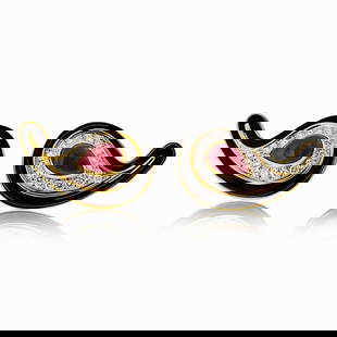 David Webb Vintage 18K Yellow Gold Black Enamel Ruby Diamond Earrings: David Webb Vintage 18K Yellow Gold Black Enamel Ruby Diamond Earrings Make a bold statement with these exquisite vintage earrings by David Webb, crafted from luxurious 18K yellow gold. Featuring a str
