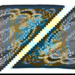 Hermes KOSMIMA Space Peacock Green Silk Scarf 90cm x 90cm: Hermes KOSMIMA Space Peacock Green Silk Scarf 90cm x 90cm This exquisite Hermes Carre 90 Scarf, known as the KOSMIMA Space Peacock, is a stunning accessory crafted from 100% silk. Showcasing a vibrant