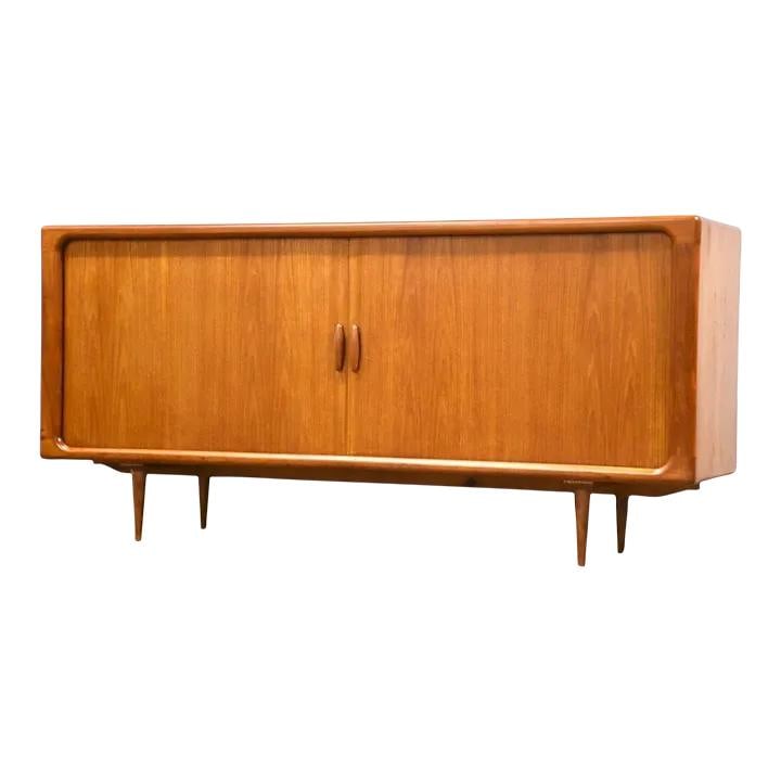 Dyrlund Danish Modern Teak Sideboard Credenza 75" Wide: Dyrlund Danish Modern Teak Sideboard Credenza 75" Wide This exquisite Danish Modern teak sideboard credenza showcases a sleek mid-century design with stylish tambour doors, crafted by Dyrlund Furnitur