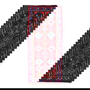 Vintage Turkish Kilim Handmade Wool Rug 5'8 x 12'2 Red Tribal Design: Vintage Turkish Kilim Handmade Wool Rug 5'8 x 12'2 Red Tribal Design Beautiful vintage Turkish Kilim hand-knotted wool rug with a red field. This piece has a navy blue frame and multicolor accents in
