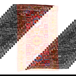 1960s Handmade Persian Kazak Wool Rug 4'3" x 7' Red Geometric Pattern: 1960s Handmade Persian Kazak Wool Rug 4'3" x 7' Red Geometric Pattern This handmade Persian Kazak wool rug has a red field with multicolor accents all over the geometric tribal motif. This rug measure