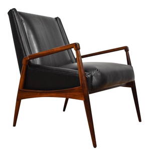 Mid Century Rosewood Black Leather Lounge Chair 16 Seat Height: Mid Century Rosewood Black Leather Lounge Chair 16 Seat Height This mid century modern lounge chair is constructed of a rosewood frame and a leather bucket seat with IB Kofod-Larsen Danish modern line