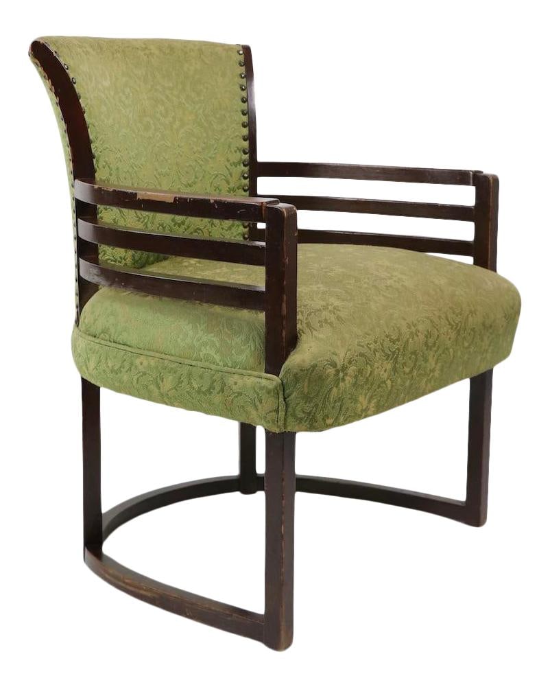 Art Deco Chair by Gilbert Rohde Green Upholstery 23 x 25 x 32: Art Deco Chair by Gilbert Rohde Green Upholstery 23 x 25 x 32 Classic American Art Deco chair, having repeating speed band arms, and stylish continuous wrap around leg. Stylistically reminiscent of Ro