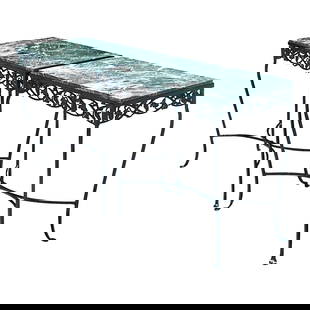 Vintage Regency Floral Wrought Iron Console Tables - Pair: Vintage Regency Floral Wrought Iron Console Tables - Pair This exquisite pair of vintage Regency outdoor console tables showcases beautiful floral wrought iron with elegant inset green marble tops. Re