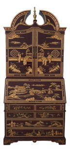 Elegant Chinoiserie Secretary Desk 38w x 20.5d x 84.5h Finial Top: Elegant Chinoiserie Secretary Desk 38w x 20.5d x 84.5h Finial Top This exquisite Chinoiserie paint-decorated secretary desk showcases a timeless design with a pediment top featuring a finial. Crafted