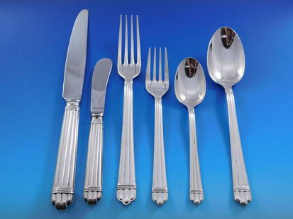 Christofle Aria Sterling Silver Flatware Set 79 pcs Art Deco France: Christofle Aria Sterling Silver Flatware Set 79 pcs Art Deco France Experience the elegance of dining with this exceptional Aria flatware service by Christofle, crafted in France. This Art Deco set fe