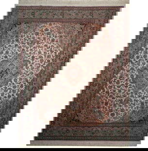 8 x 10 Handmade Wool & Silk Sino Tabriz Rug Ivory Green: 8 x 10 Handmade Wool & Silk Sino Tabriz Rug Ivory Green Enhance your living space with the exquisite 8 x 10 High-End Quality Wool & Silk Sino Tabriz Rug in a serene ivory and green palette. This handw