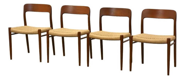 Mid-Century Modern Niels Moller Teak Dining Chairs Set of 4: Mid-Century Modern Niels Moller Teak Dining Chairs Set of 4 This exquisite set of four mid-century modern dining chairs, designed by Niels Moller, showcases the elegance of teak wood complemented by p