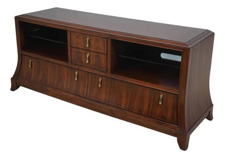 Bob Mackie Modern Deco Wood Media Cabinet with Glass Shelves: Bob Mackie Modern Deco Wood Media Cabinet with Glass Shelves This exquisite media cabinet by Bob Mackie showcases a modern deco style with its rich high sheen finish and quality construction. It featu