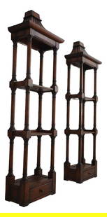 Cambridge Chinese Pagoda Top Wall Hanging Curio Shelves Pair: Cambridge Chinese Pagoda Top Wall Hanging Curio Shelves Pair This pair of Cambridge Chinese Pagoda Top Wall Hanging Curio Shelves showcases a classic Asian inspired design with a factory distressed fi
