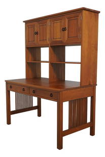 Stickley 21st Century Cherry Desk Hutch with Fold Down Drawer: Stickley 21st Century Cherry Desk Hutch with Fold Down Drawer This Stickley 21st Century Collection Cherry Desk Hutch, crafted around 2001, features a striking brown cherry wood finish. It is designed