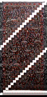 Handwoven 4.7 x 9.8 Black Persian Hamadan Area Rug: Handwoven 4.7 x 9.8 Black Persian Hamadan Area Rug Enhance your living space with this exquisite handwoven Black Persian Hamadan Rug, measuring 4' 7" x 9' 8". Crafted by skilled artisans in the renown