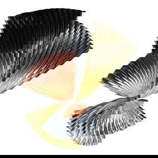 Curtis Jere 1991 Chrome Metal Fan Sculpture 39 x 33 inches: Curtis Jere 1991 Chrome Metal Fan Sculpture 39 x 33 inches Introducing a striking mixed metal wall hanging sculpture in the iconic fan form, designed by Curtis Jere in 1991. This exceptional piece sho