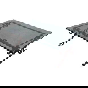 Vintage Iron Base Coffee Table with Thick Glass Top 58 x 36 x 20: Vintage Iron Base Coffee Table with Thick Glass Top 58 x 36 x 20 This exquisite coffee cocktail table features a stunning thick glass top supported by a heavy wrought iron base, showcasing high-qualit