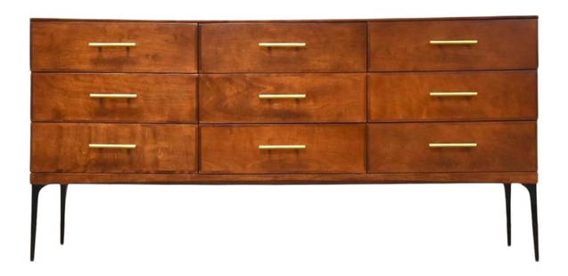 Heywood Wakefield Contessa Mid-Century Modern Dresser 65" Wide: Heywood Wakefield Contessa Mid-Century Modern Dresser 65" Wide This stunning mid-century modern dresser features a rich walnut-colored birch construction, expertly refinished to enhance its timeless a