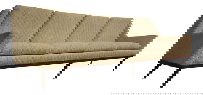 Milo Baughman Beige Sofa 93 x 32 x 29 Walnut Base: Milo Baughman Beige Sofa 93 x 32 x 29 Walnut Base This stylish modern beige sofa, designed by Milo Baughman for James Inc. Furniture, features a sophisticated walnut base complemented by canted and ta