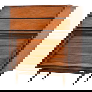 Mid-Century Modern Walnut Dresser by Basic Witz 38" x 19" x 45": Mid-Century Modern Walnut Dresser by Basic Witz 38" x 19" x 45" This mid-century modern walnut tall dresser, crafted by Basic Witz, combines functionality with a sleek aesthetic. With a rich brown fin