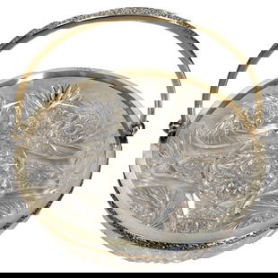 19th Century Russian Sterling Silver Cut Glass Basket 875 Grade: 19th Century Russian Sterling Silver Cut Glass Basket 875 Grade Immerse yourself in the opulence of 19th-century Russian craftsmanship with this exquisite swing-handled basket, a stunning blend of ste