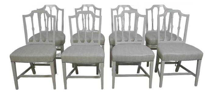 Vintage 1930s Set of 8 English Adams Style Dining Chairs: Vintage 1930s Set of 8 English Adams Style Dining Chairs This set of 8 vintage dining room chairs, dating back to the 1930s, showcases exquisite carved details and a sturdy stretcher base frame. The c