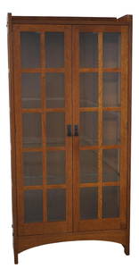 Stickley Mission Oak Arts & Crafts Bookcase Cabinet 38x15x78 Lighted Solid Brass Hardware: Stickley Mission Oak Arts & Crafts Bookcase Cabinet 38x15x78 Lighted Solid Brass Hardware This Stickley Mission Oak Bookcase Cabinet, crafted around 2012, showcases the timeless Arts & Crafts style wi