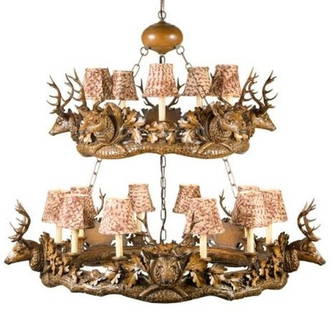 Stunning Lodge Style 2-Tier Resin Chandelier with Stag Heads: Stunning Lodge Style 2-Tier Resin Chandelier with Stag Heads Illuminate your space with this stunning hand-cast resin chandelier featuring exquisite stag heads. Crafted in a vintage style, this bowl c