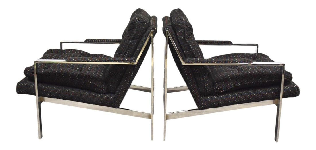 1970s Cy Mann Mid Century Modern Chrome Lounge Chairs Pair: 1970s Cy Mann Mid Century Modern Chrome Lounge Chairs Pair This stunning pair of lounge chairs, designed by Cy Mann in the 1970s, features a sleek chrome frame reminiscent of the mid-century modern st