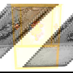 Elegant Large Gold Gilt Trumeau Mirror with Hand-Painted Fruit Panel: Elegant Large Gold Gilt Trumeau Mirror with Hand-Painted Fruit Panel Elevate your space with this stunning large gold gilt trumeau mirror, showcasing French style elegance. The mirror features a bevel
