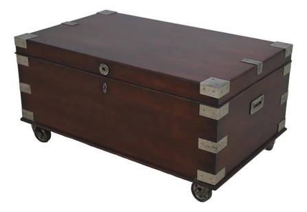 Campaign Style Coffee Table Trunk with Storage: Campaign Style Coffee Table Trunk with Storage This Baker Milling Road Campaign Style Coffee Table Trunk combines functionality with elegant design. Crafted from quality wood, it features a lift-open