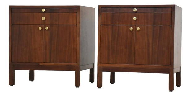 Mid Century Modern Walnut Nightstands by Paul McCobb - Pair: Mid Century Modern Walnut Nightstands by Paul McCobb - Pair A pair of mid century modern walnut single drawer nightstands with two doors and polished brass knobs in the style of Paul McCobb. Circa 196