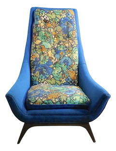 Mid Century Blue Lounge Chair by Adrian Pearsall for Bassett: Mid Century Blue Lounge Chair by Adrian Pearsall for Bassett This stylish Mid Century high back lounge chair is attributed to Adrian Pearsall for Prestige (Bassett), dating from the 1960s. It features