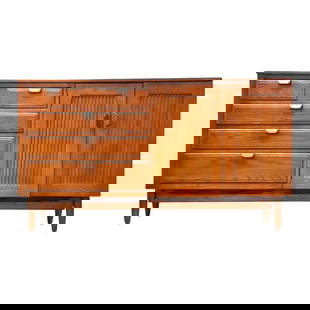 Mid Century Modern Chestnut Wood Credenza with 4 Drawers and 2 Doors: Mid Century Modern Chestnut Wood Credenza with 4 Drawers and 2 Doors This Mid Century Modern chestnut credenza features a warm teak color and offers both style and functionality. It is designed with f