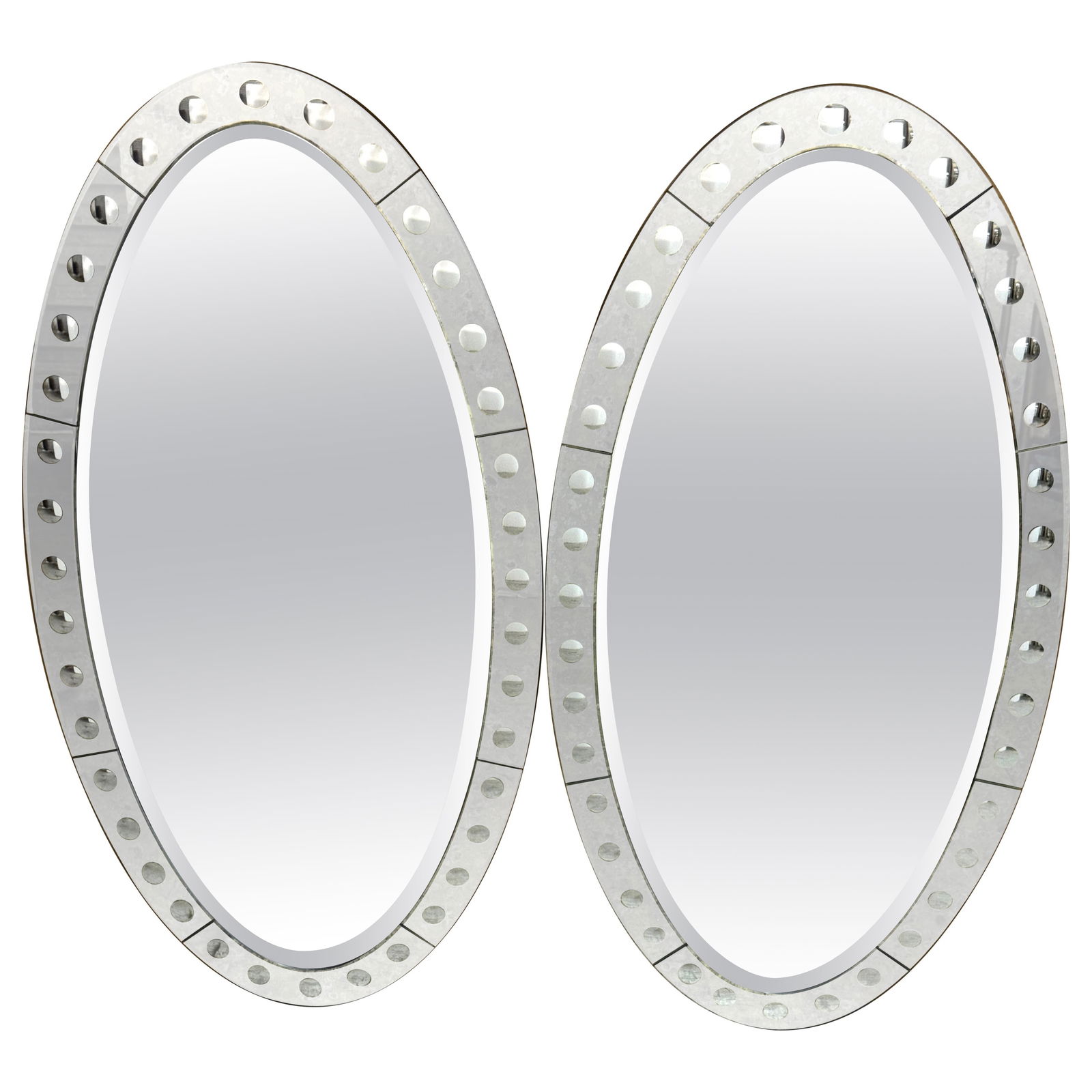 Jonathan Adler Set of 2 Venetian Style Oval Mirrors 40x20: Jonathan Adler Set of 2 Venetian Style Oval Mirrors 40x20 Elevate your space with this sophisticated set of two oval wall mirrors by Jonathan Adler, showcasing a stunning blend of modern design and cl