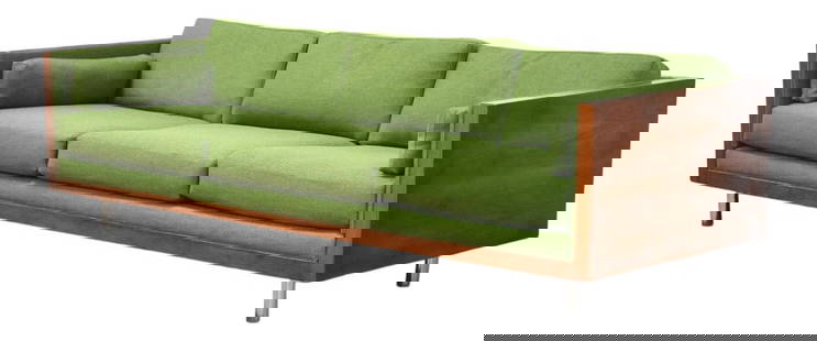 Milo Baughman Inspired Green Walnut Sofa with Chrome Legs 85.75": Milo Baughman Inspired Green Walnut Sofa with Chrome Legs 85.75" Experience mid-century modern elegance with this exquisite walnut case green sofa featuring stylish chrome legs, inspired by the design