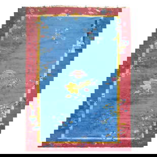Zabihi Collection Large Blue Art Deco Hand-Knotted Rug 10' x 19'1": Zabihi Collection Large Blue Art Deco Hand-Knotted Rug 10' x 19'1" This stunning Zabihi Collection rug showcases the elegance of Art Deco design, featuring a rich blue field with a plum border. Hand-k