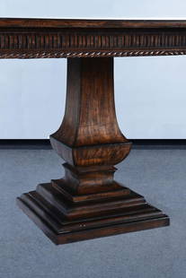 Triple Pedestal Pastry Table in Antiqued Walnut Finish: Triple Pedestal Pastry Table in Antiqued Walnut Finish Introducing the Timeless Tuscan Style Dining Table, a stunning addition to your kitchen or dining area. This exquisite piece showcases a beautifu