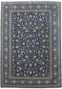 Authentic Signed Persian Kashan Rug 9'6 x 13'5 Navy Blue Handmade: Authentic Signed Persian Kashan Rug 9'6 x 13'5 Navy Blue Handmade Experience the elegance of this distinctive 9' 6" x 13' 5" Persian Kashan Rug, handcrafted by skilled artisans from the renowned Kasha