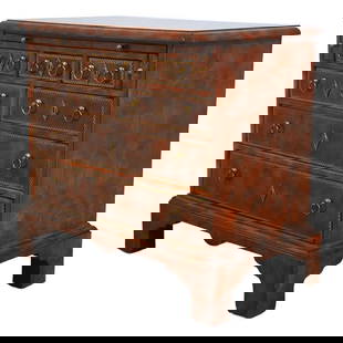 Maitland Smith George III Style Burl Walnut Bachelor Chest with Inlay: Maitland Smith George III Style Burl Walnut Bachelor Chest with Inlay This Maitland Smith George III Style Burl Walnut Bachelor Chest features factory distressed quality construction and nice inlay wo