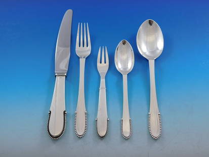 Georg Jensen Beaded Sterling Silver Flatware Set 62 pcs for 12 with Storage Chest: Georg Jensen Beaded Sterling Silver Flatware Set 62 pcs for 12 with Storage Chest Presenting the exquisite Beaded Sterling Silver Flatware Set by Georg Jensen, a remarkable collection designed for 12