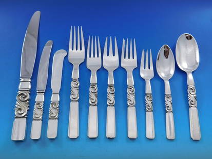 Georg Jensen Scroll Sterling Silver Flatware Set 133 Pieces Service for 12: Georg Jensen Scroll Sterling Silver Flatware Set 133 Pieces Service for 12 Elevate your dining experience with this exquisite Scroll flatware set by Georg Jensen, crafted in sterling silver. Designed