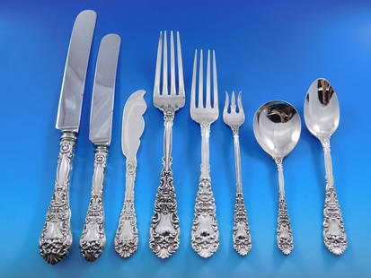 Dominick & Haff Renaissance Sterling Silver Flatware Set 99 pcs Rococo Style: Dominick & Haff Renaissance Sterling Silver Flatware Set 99 pcs Rococo Style This exquisite Renaissance flatware set by Dominick & Haff features a total of 99 pieces crafted in sterling silver. The Ro